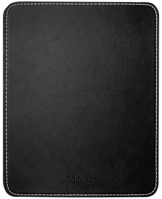 Un tapis de souris rectangulaire noir en simili-cuir avec des coutures blanches et un logo 'LogiLink' discret en bas.