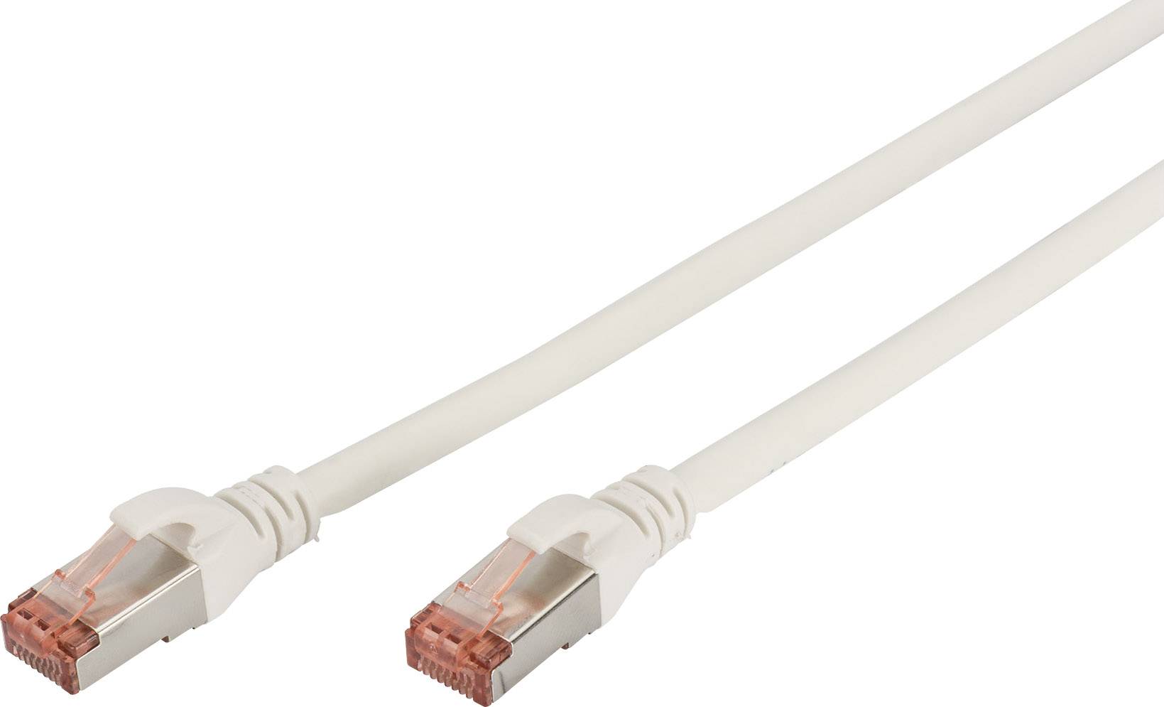 Un câble Ethernet blanc avec deux connecteurs visibles à chaque extrémité, destiné à la connexion réseau.