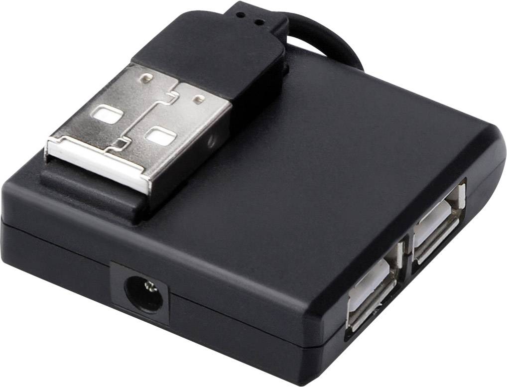 Un hub USB noir à deux ports USB et une fiche USB intégrée pour la connexion à un ordinateur.