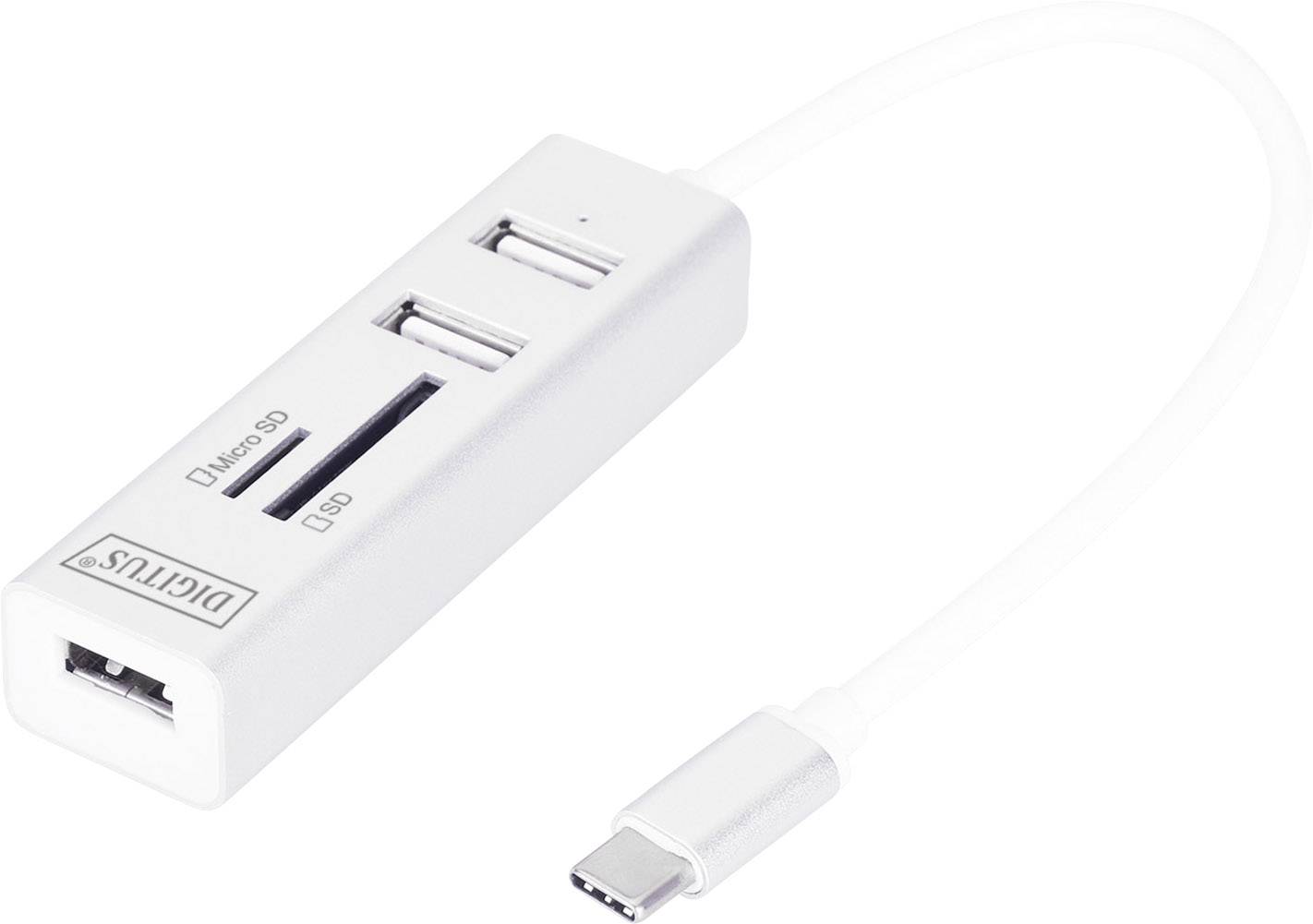 Un hub USB blanc avec un port USB-C, deux ports USB, un lecteur de carte MicroSD et un lecteur de carte SD. Idéal pour le transfert de données.