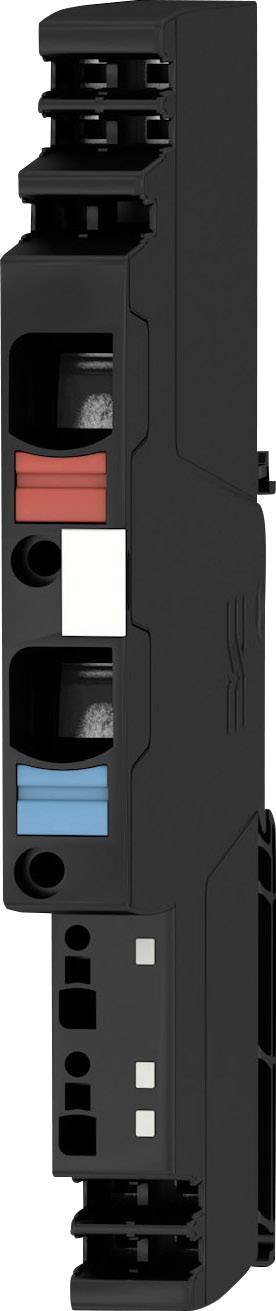 Composant électrique noir avec des marquages rouges et bleus sur la face avant, probablement un module ou un interrupteur.