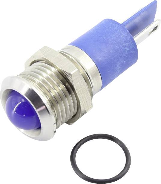 Un bouton-poussoir bleu avec anneau métallique et base en plastique. À côté, un joint d'étanchéité en caoutchouc noir.