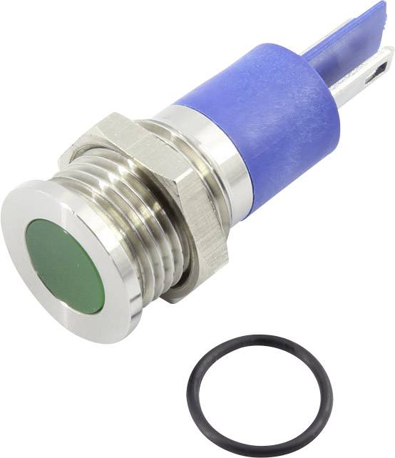 Interrupteur métallique avec bouton vert et boîtier en plastique bleu, accompagné d'un joint d'étanchéité noir.