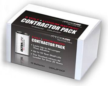 Emballage de batteries lithium 9V, étiqueté 'PACK PROFESSIONNEL'. Contient 10 batteries à durée de vie prolongée.