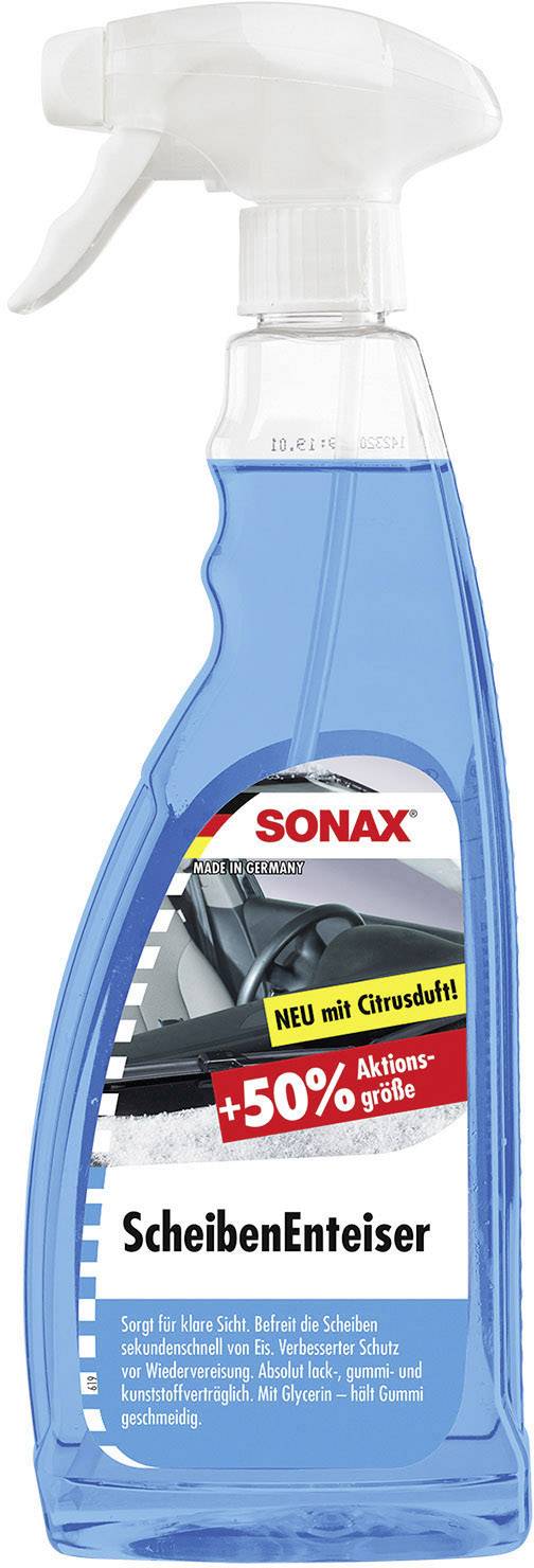 Un vaporisateur SONAX de dégivrant pour vitres avec 50% de contenu en plus. Enlève la glace des pare-brise et assure une visibilité claire.