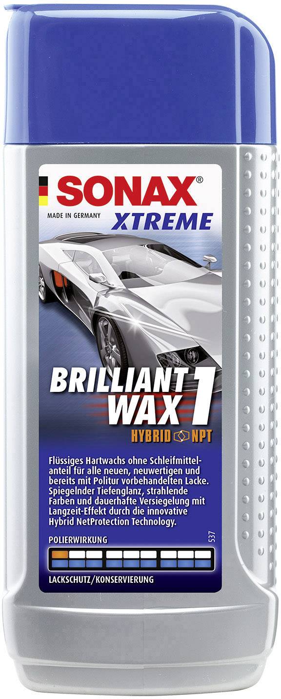 Bouteille de cire pour voiture 'Sonax Xtreme Brilliant Wax 1', montrant une voiture sur l'étiquette. Adapté pour un entretien brillant et protecteur de la peinture.