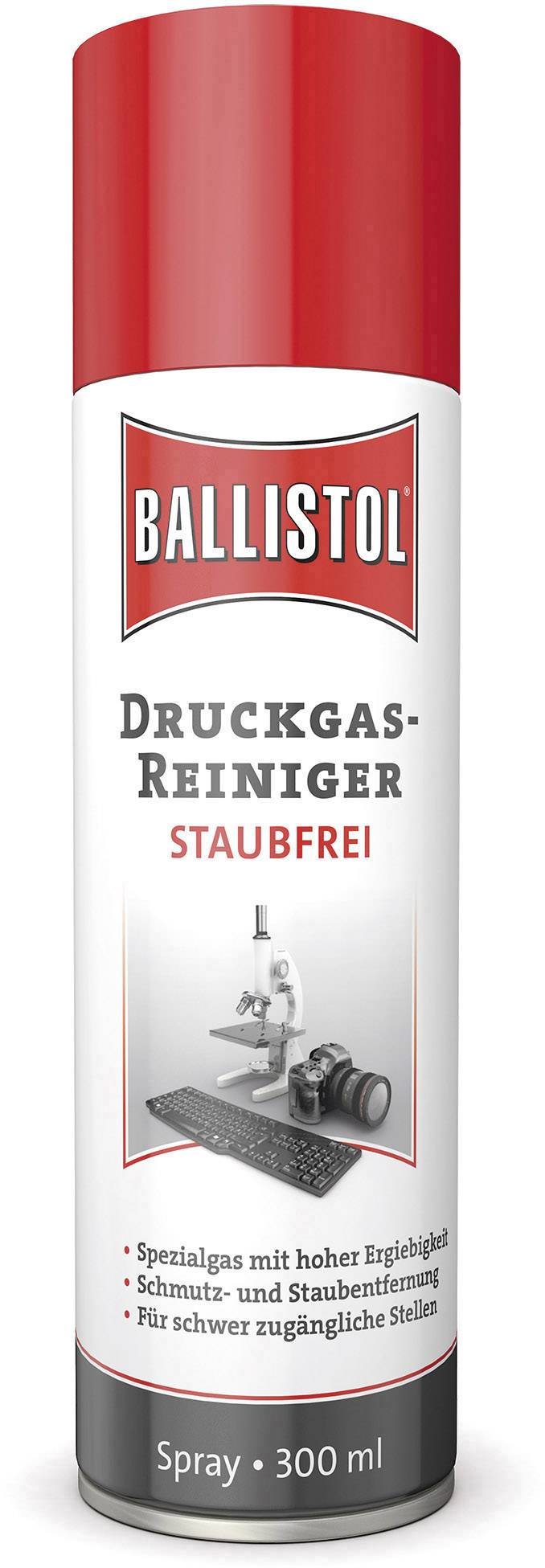 Bombe aérosol rouge de Ballistol, étiquetée comme 'Nettoyant à gaz sous pression'. Adapté pour éliminer la saleté et la poussière dans des endroits difficiles d'accès. Contenu : 300 ml.