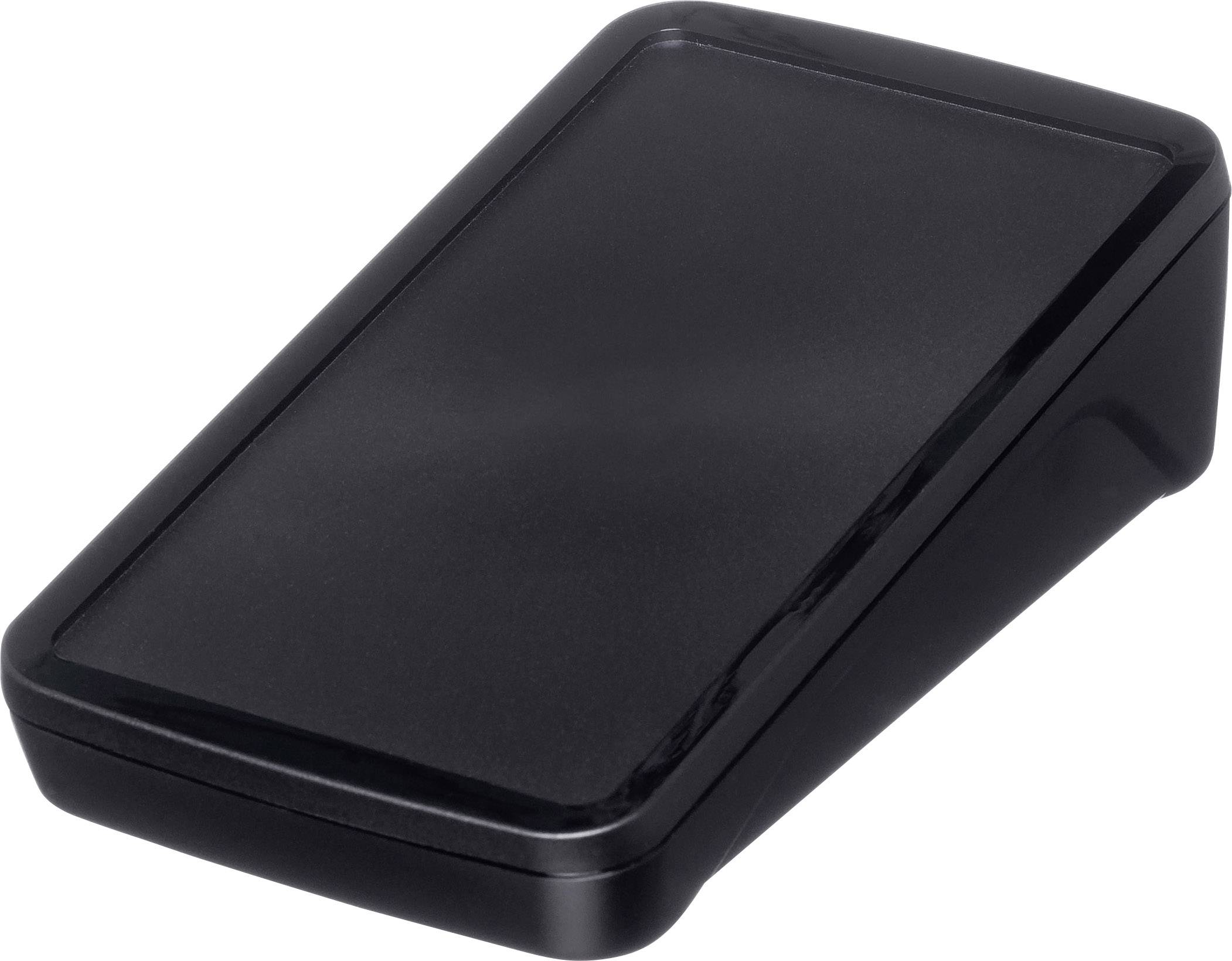 Un boîtier en plastique noir, rectangulaire, avec des coins arrondis, probablement adapté aux composants électroniques.