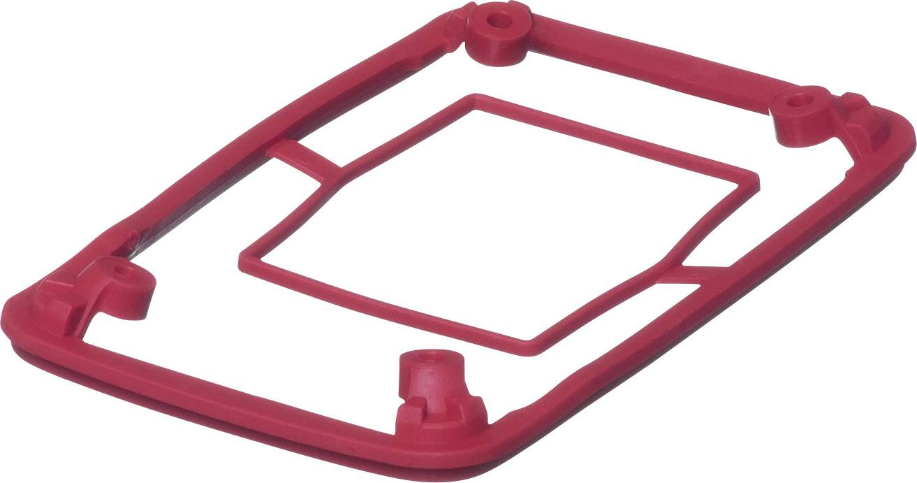 Forme en plastique rouge, probablement un joint ou un support, avec plusieurs points de fixation aux coins.