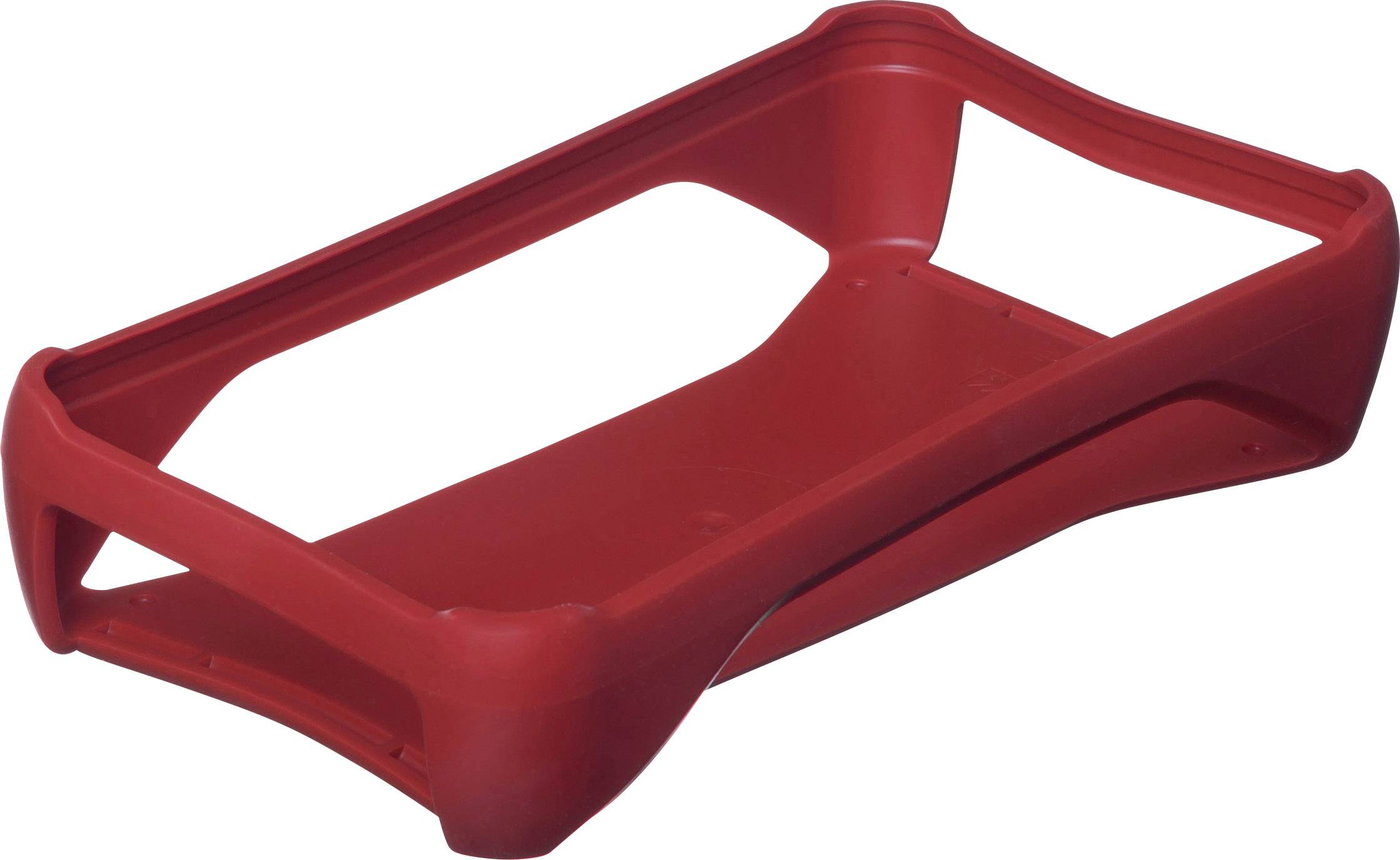 Couvercle en plastique rouge de forme rectangulaire avec des bords surélevés, utilisé pour empiler ou transporter des objets.
