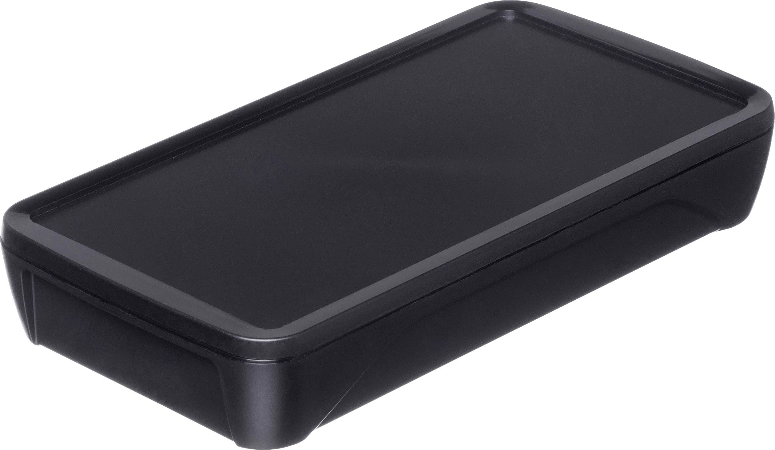 Boîtier rectangulaire noir en plastique aux angles arrondis, adapté au rangement ou à la protection d'appareils électroniques.