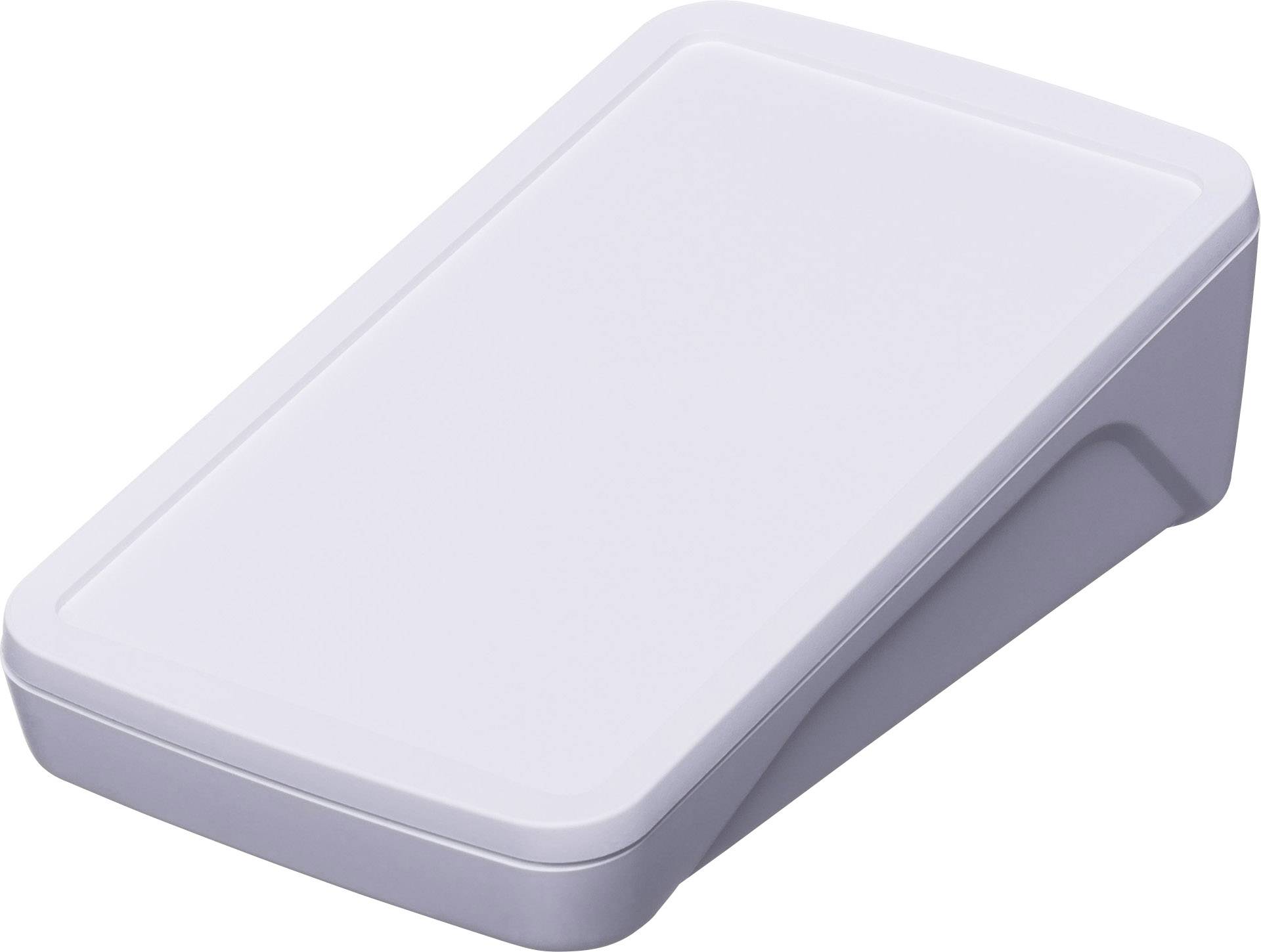 Une boîte en plastique blanche, rectangulaire, avec des angles arrondis, légèrement inclinée. Ressemble à un boîtier pour appareils électroniques.