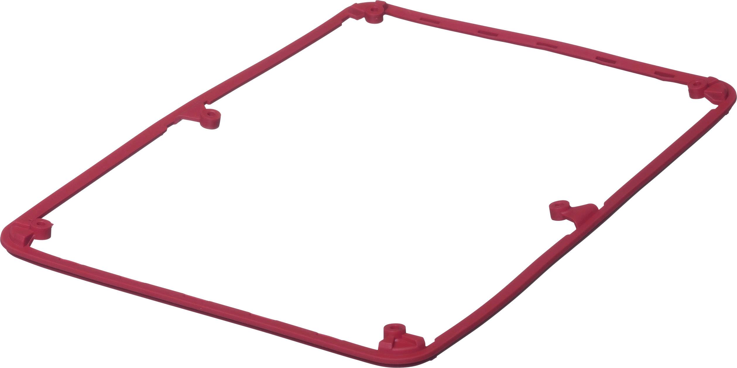 Objet rouge, rectangulaire, de forme similaire à un cadre, doté d'angles arrondis et de petits crochets sur les bords intérieurs.