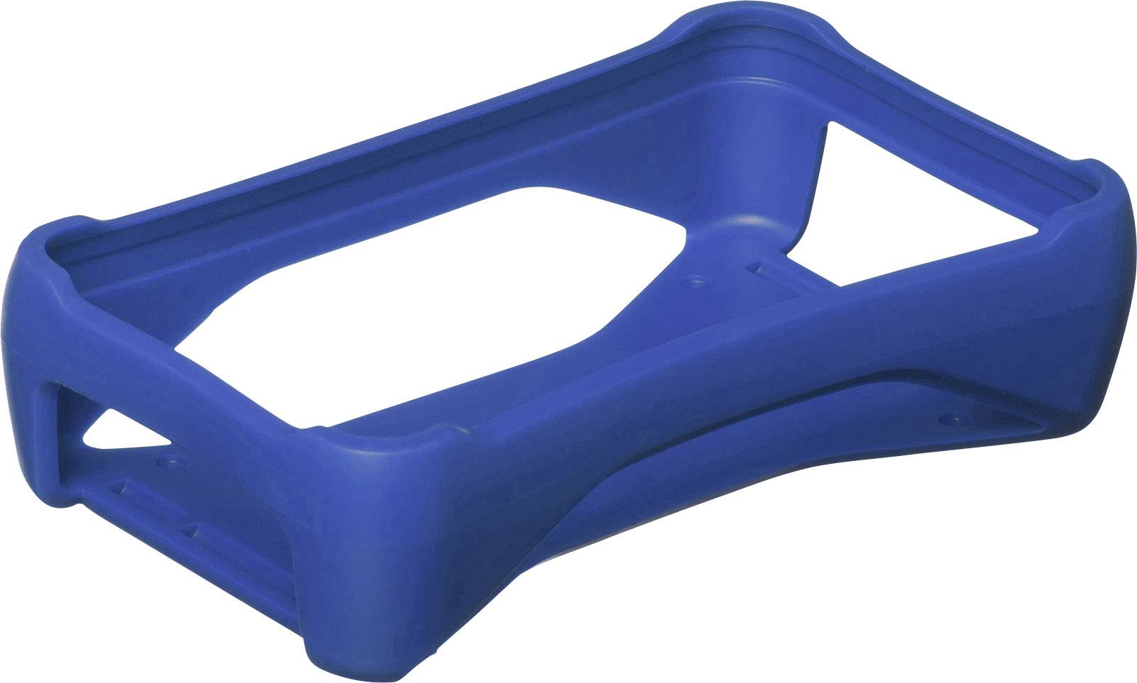 Cadre en plastique bleu, probablement un boîtier de protection ou un support, rectangulaire avec des coins arrondis et des découpes sur chaque côté.