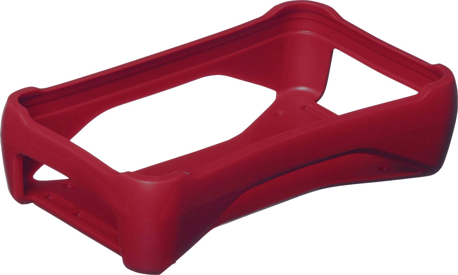 Étui en plastique rouge, rectangulaire, avec des coins arrondis et des côtés ouverts. Probablement conçu pour la protection ou comme poignée.