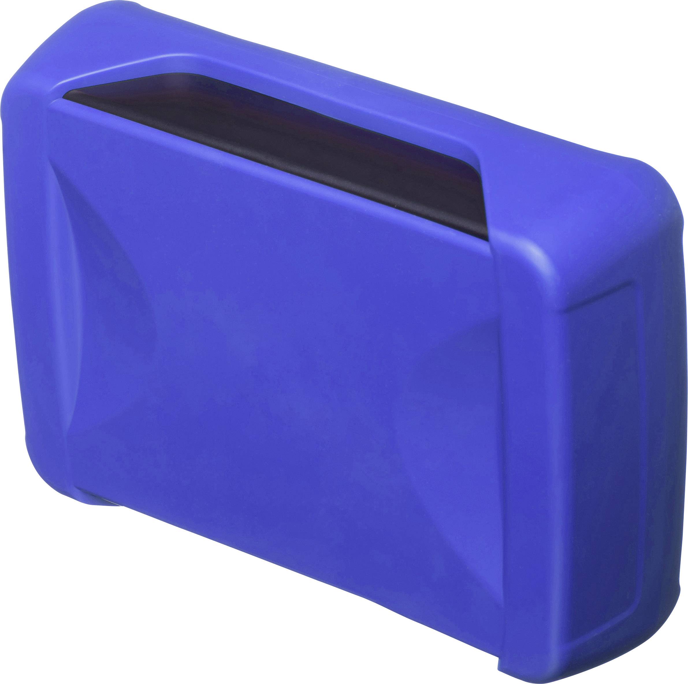 Valise bleue, rectangulaire aux angles arrondis.