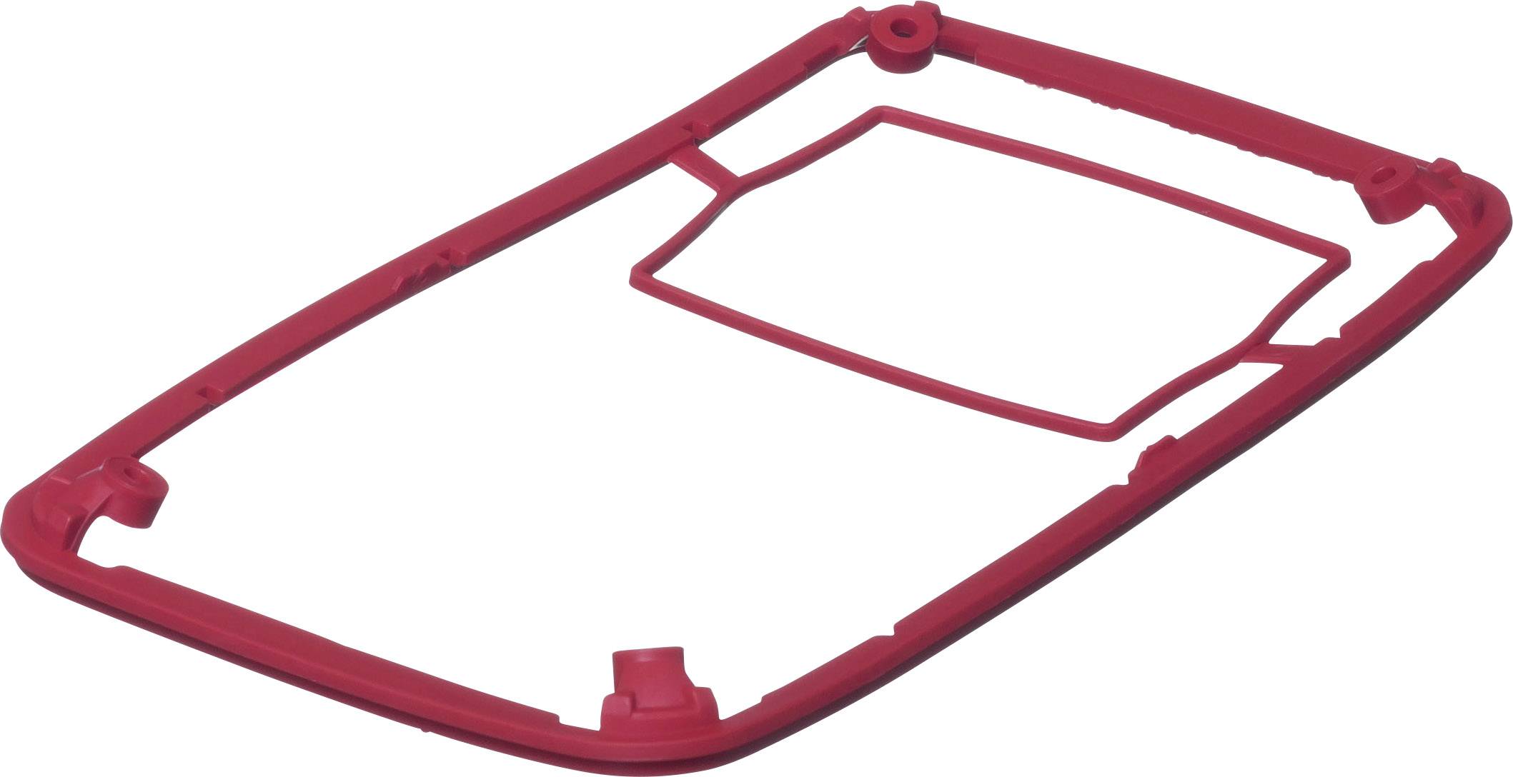Cadre en plastique rouge avec une découpe rectangulaire au centre, probablement une partie d'un boîtier ou d'un couvercle.