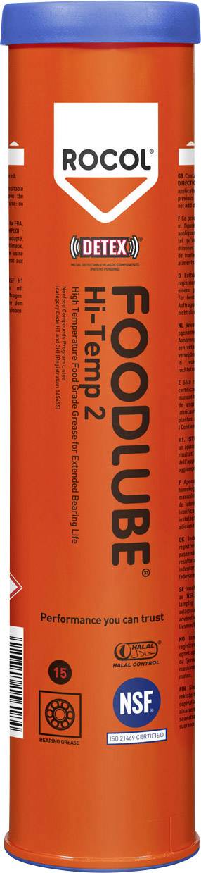Un tube orange de lubrifiant portant l'inscription 'ROCOL Foodlube Hi-Temp 2'. Adapté aux hautes températures et offrant des performances fiables.