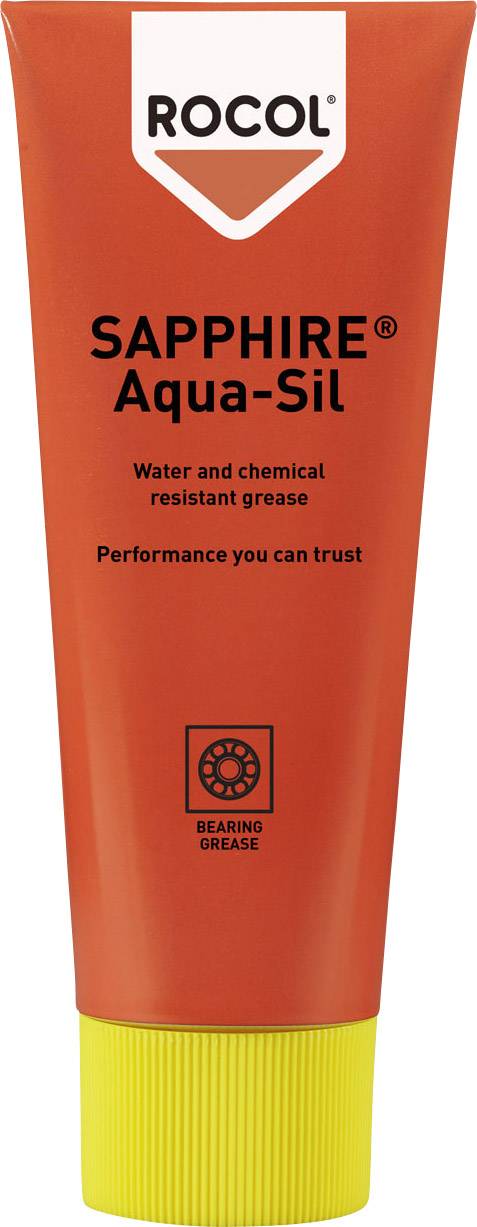 Tube rouge avec capuchon jaune, étiquetée 'ROCOL SAPPHIRE Aqua-Sil', lubrifiant résistant à l'eau et aux produits chimiques.
