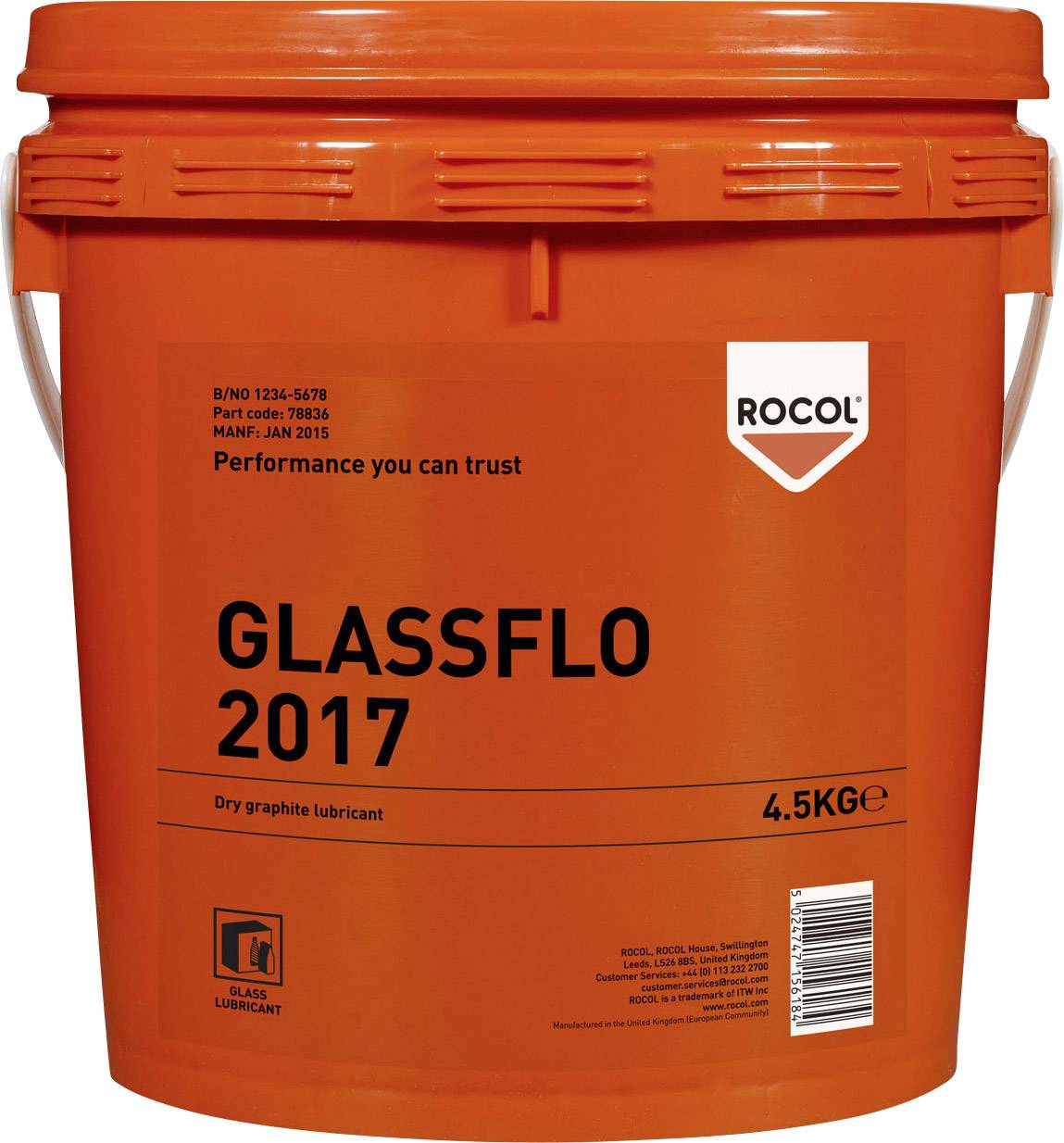 Un seau orange portant l'inscription 'GLASSFLO 2017' de Rocol, 4,5 kg, lubrifiant graphité sec, date de fabrication janvier 2015.