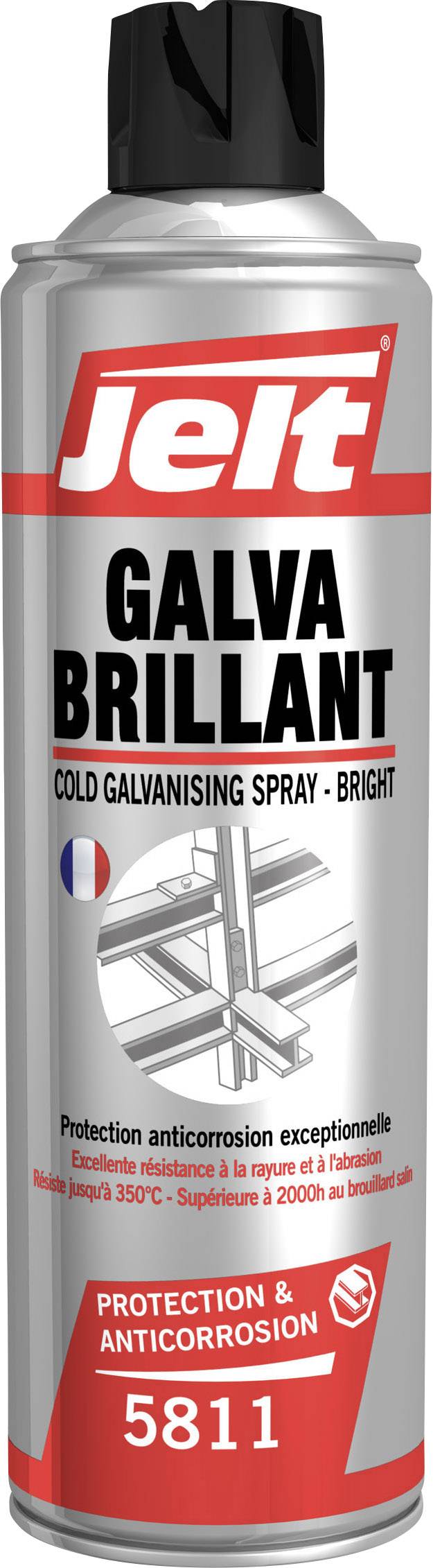 Bombe aérosol avec l'inscription 'Jelt Galva Brillant'. Utilisée pour le galvanisage à froid. Offre une protection anticorrosion jusqu'à 350°C. Fabriqué en France.