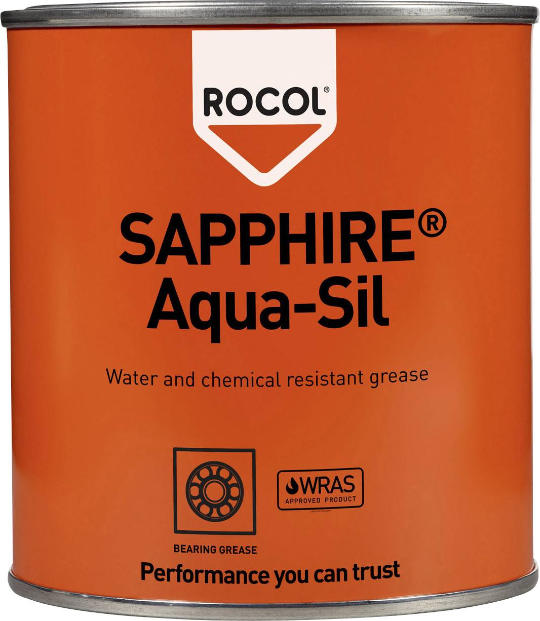 Un bidon orange de graisse lubrifiante 'ROCOL', nom du produit 'SAPPHIRE Aqua-Sil', résistant à l'eau et aux produits chimiques, avec des labels de qualité.