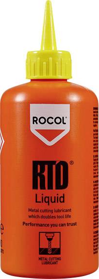 Une bouteille orange avec un bouchon jaune, étiquetée 'ROCOL RTD Liquid'. Huile de coupe pour l'usinage des métaux visant à prolonger la durée de vie des outils.