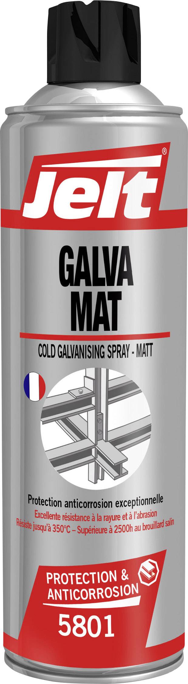 Bombe aérosol avec l'inscription 'Jelt Galva Mat'. Spray de galvanisation à froid pour protection contre la corrosion, finition mate. Triangle métallique illustré.