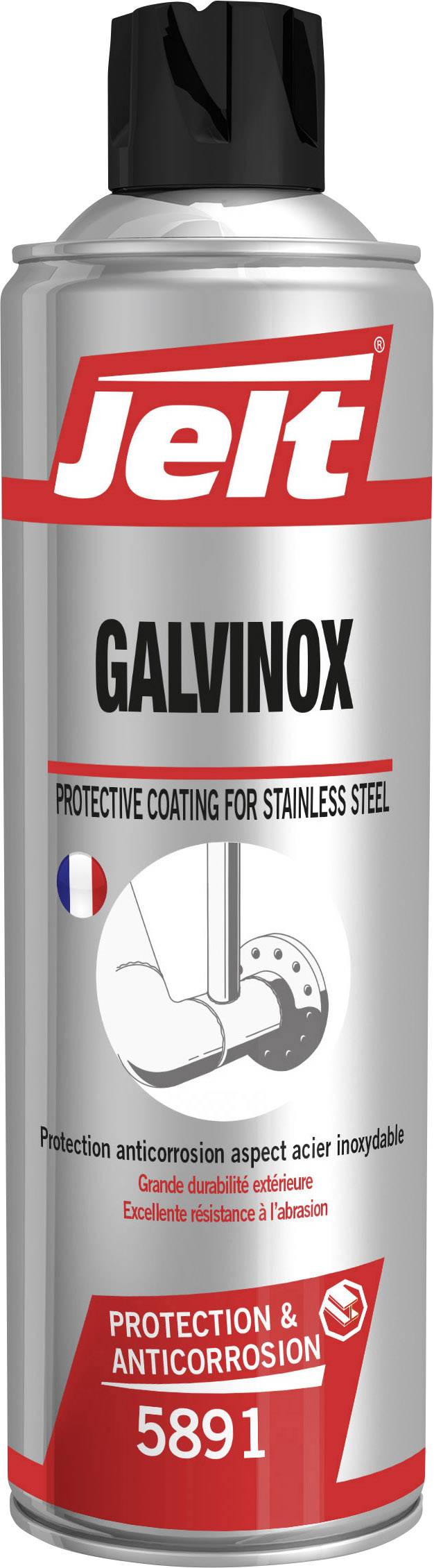 Bombe aérosol 'Jelt Galvinox' avec revêtement de protection pour acier inoxydable. Étiquette avec drapeau français. Numéro de produit : 5891.