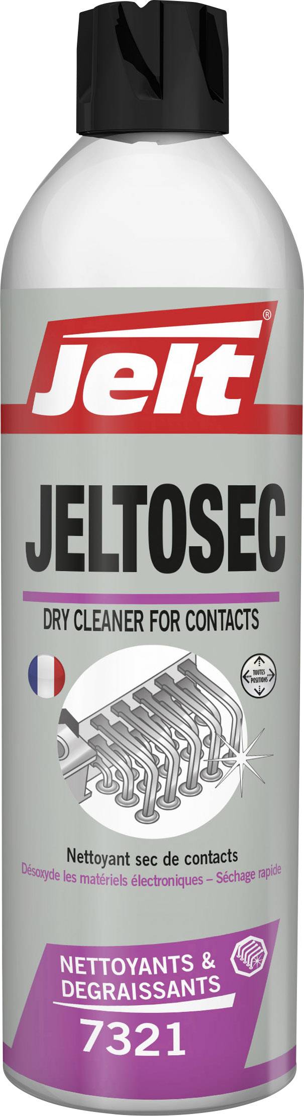 Bombe aérosol portant l'inscription « Jeltosec. Nettoyant sec pour contacts ». Contient du texte en français et une image de contacts électroniques.