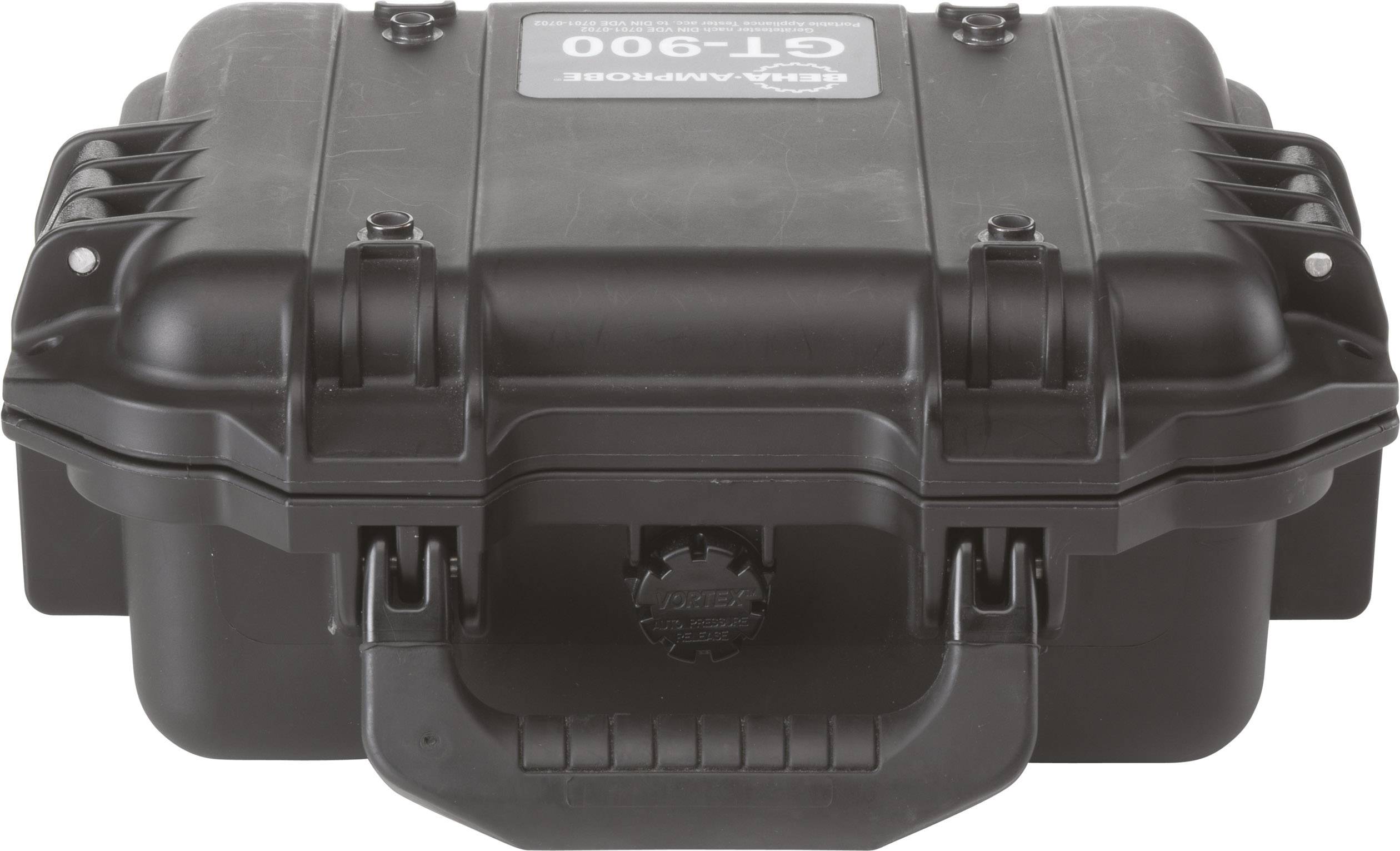 Mallette en plastique noir au design robuste avec une poignée à l'avant. Une étiquette portant l'inscription 'GT-900' est apposée sur le couvercle.