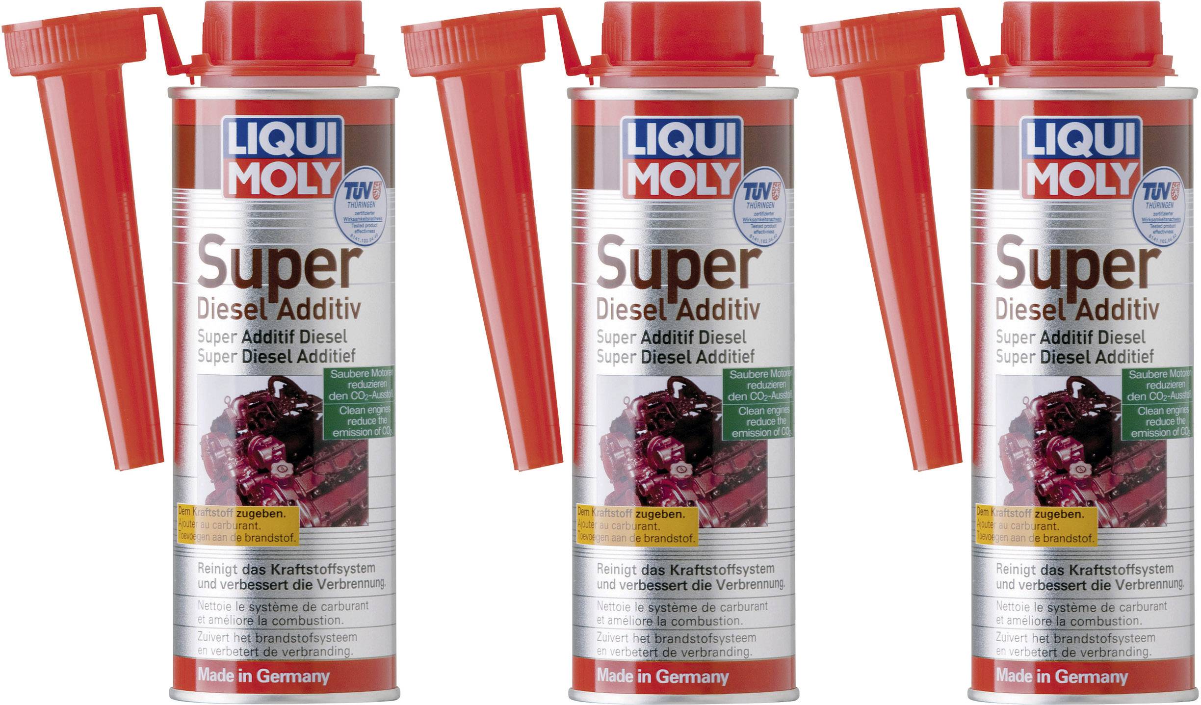 Trois boîtes de 'Liqui Moly Super Diesel Additiv' avec bouchon doseur rouge. Nettoie les systèmes de carburant et améliore la combustion. Fabriqué en Allemagne.