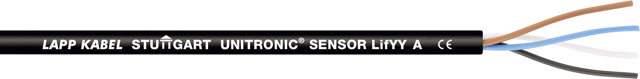 Gros plan d'un câble noir avec l'impression blanche 'LAPP KABEL STUTTGART UNITRONIC SENSOR LIYY A CE' et une structure à plusieurs conducteurs.