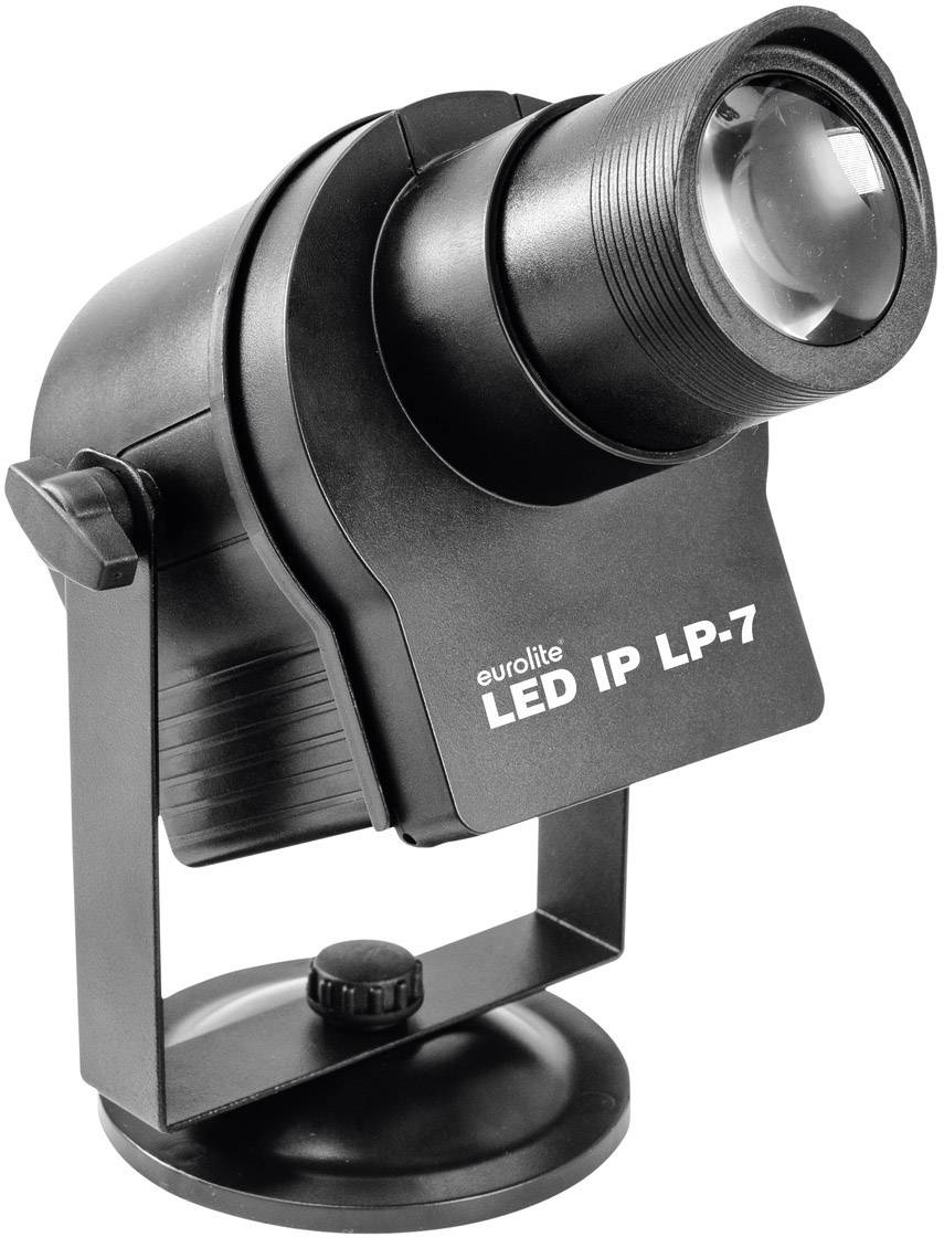 Un projecteur LED noir portant l'inscription 'eurolite LED IP LP-7' sur l'avant. Monté sur un socle pivotant.