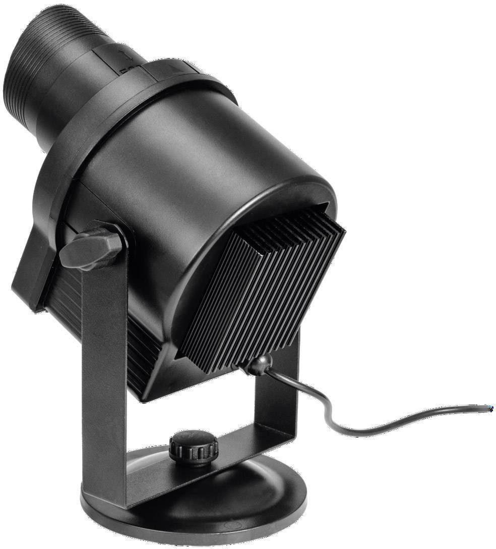 Un projecteur ou projecteur noir avec un support réglable et un câble connecté, sur un fond blanc.