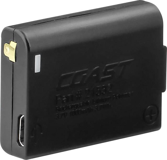 Batterie noire rectangulaire avec connexion dorée et entrée USB. L'inscription 'COAST' et les spécifications techniques sont visibles.