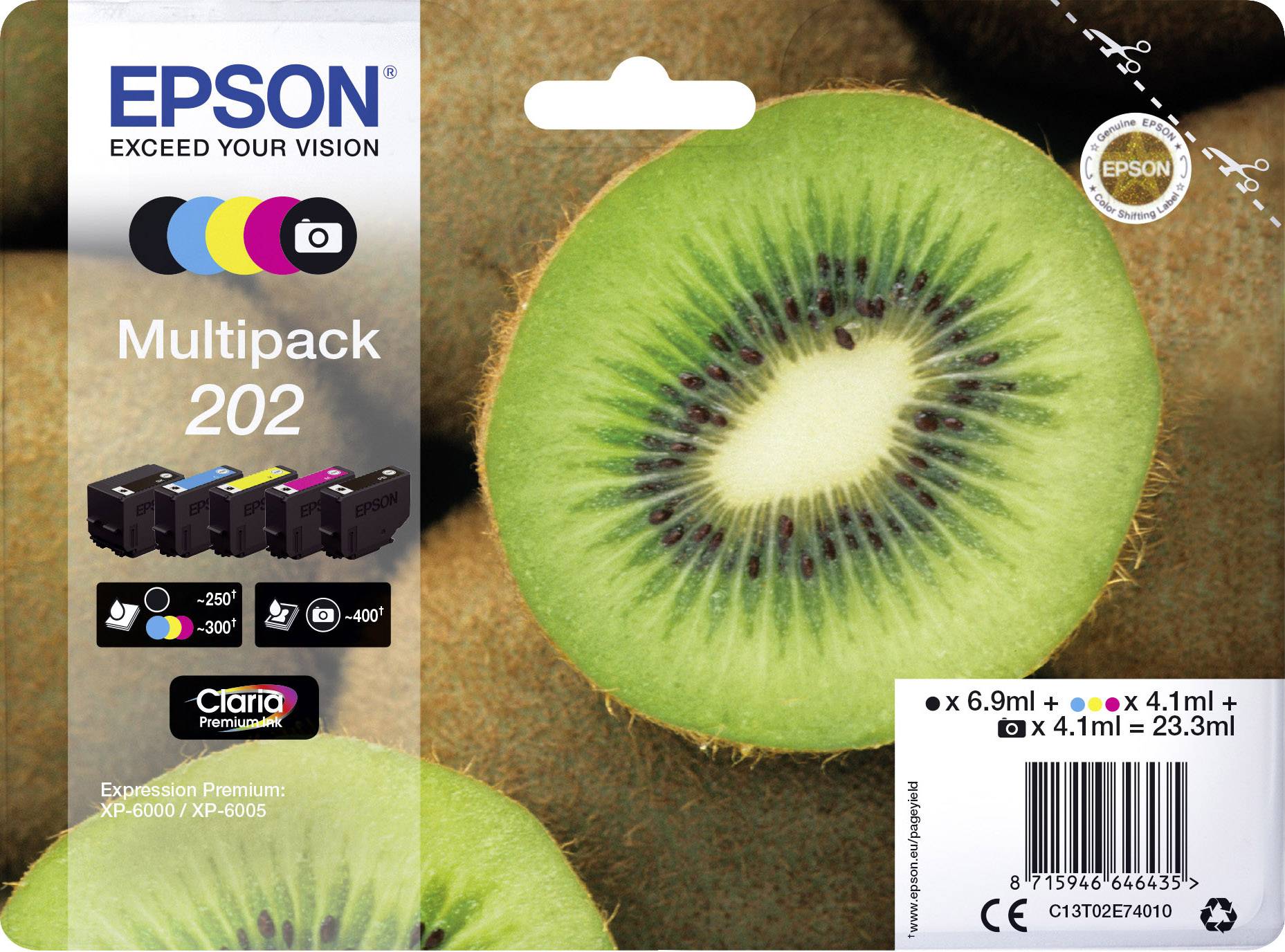 Epson Encre T02E7, 202 d'origine pack bundle noir, noir photo, cyan, magenta, jaune C13T02E74010