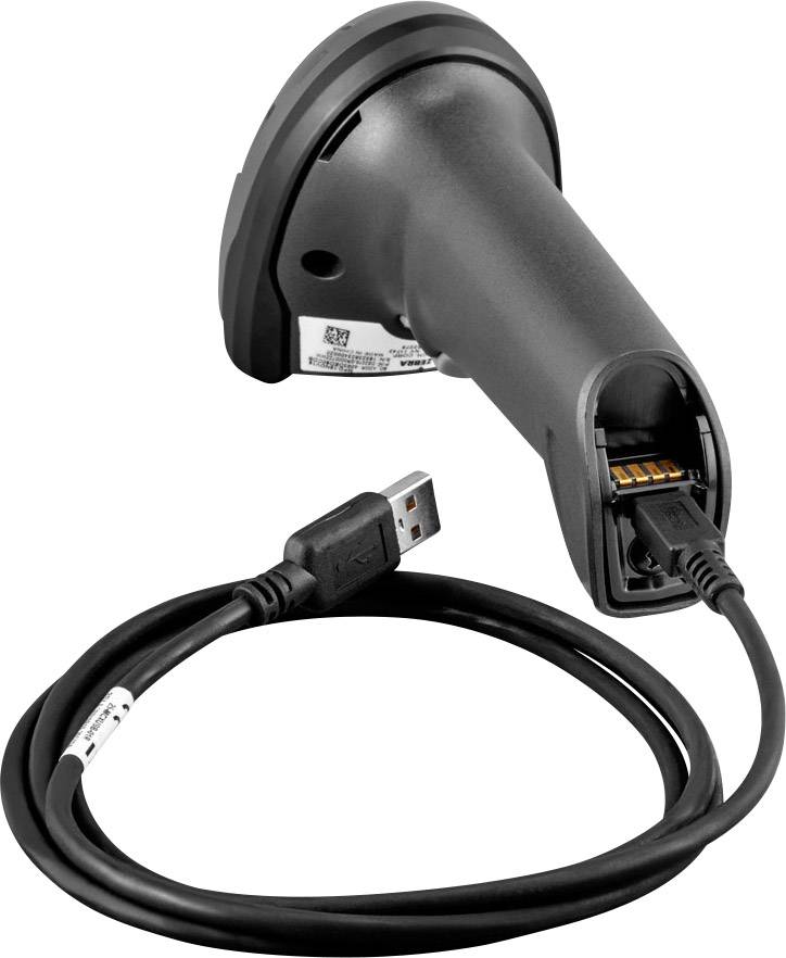 Scanner de code-barres avec câble USB connecté. Vue arrière montrant la forme et les possibilités de connexion de l'appareil.