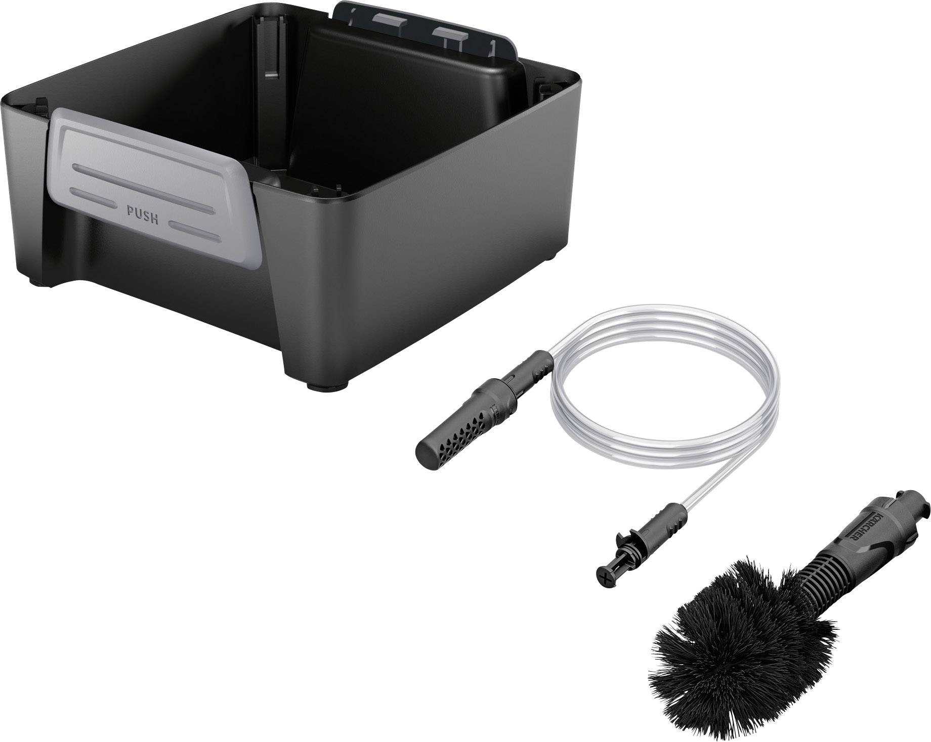Un support noir portant l'inscription 'PUSH', un tuyau flexible avec une buse de pulvérisation et une brosse pour le nettoyage des voitures.