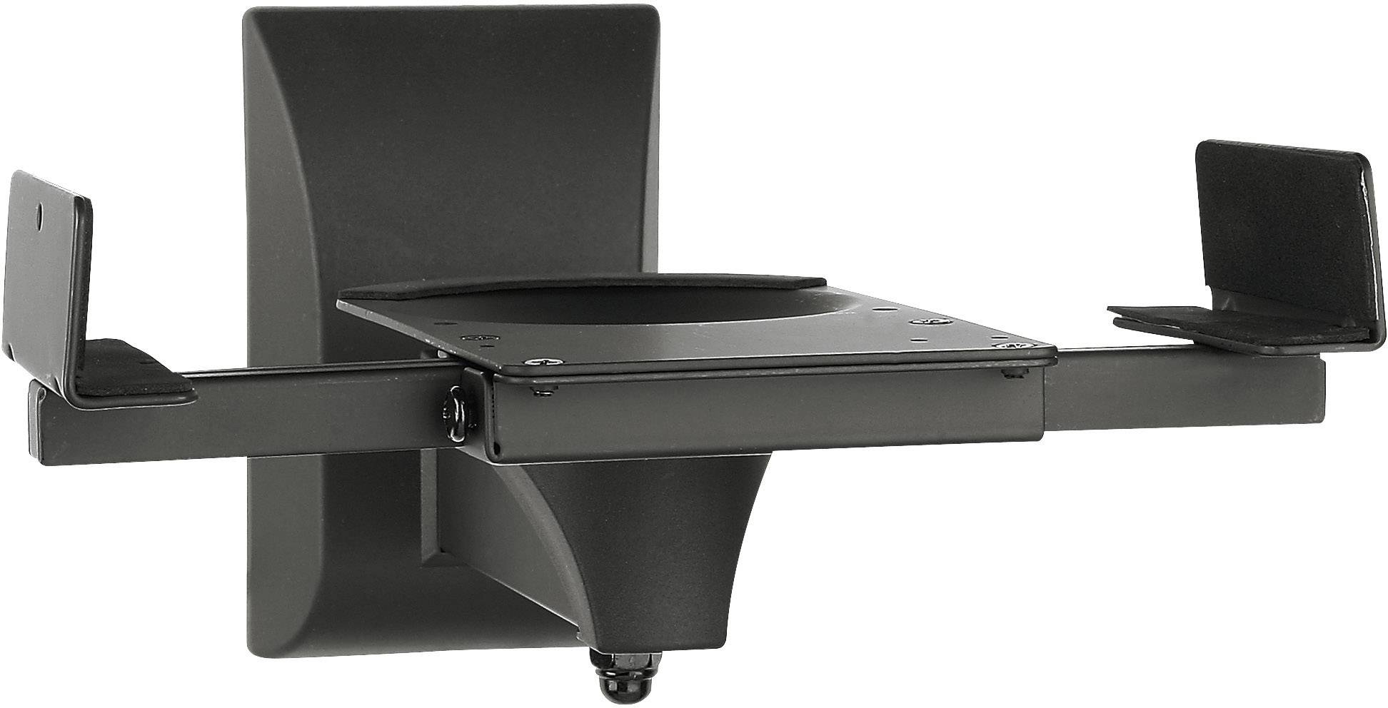 Un support mural noir pour enceintes avec bras ajustables et une surface de montage plate. Idéal pour la fixation murale d'appareils audio.