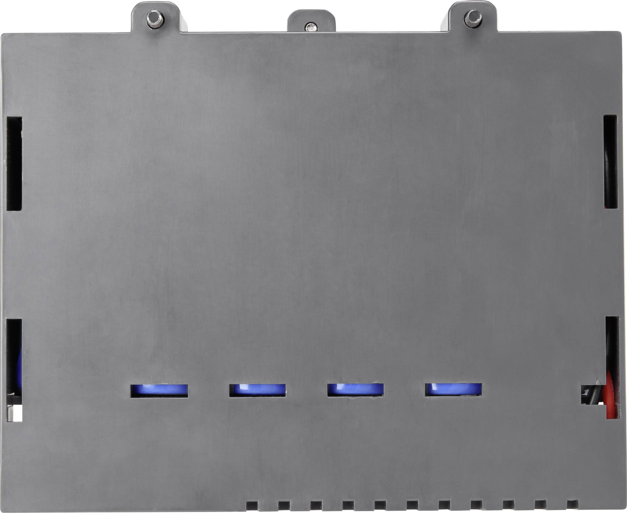Boîtier noir, rectangulaire, avec plusieurs petites fentes et des détails bleus, probablement une partie d'un appareil électronique.