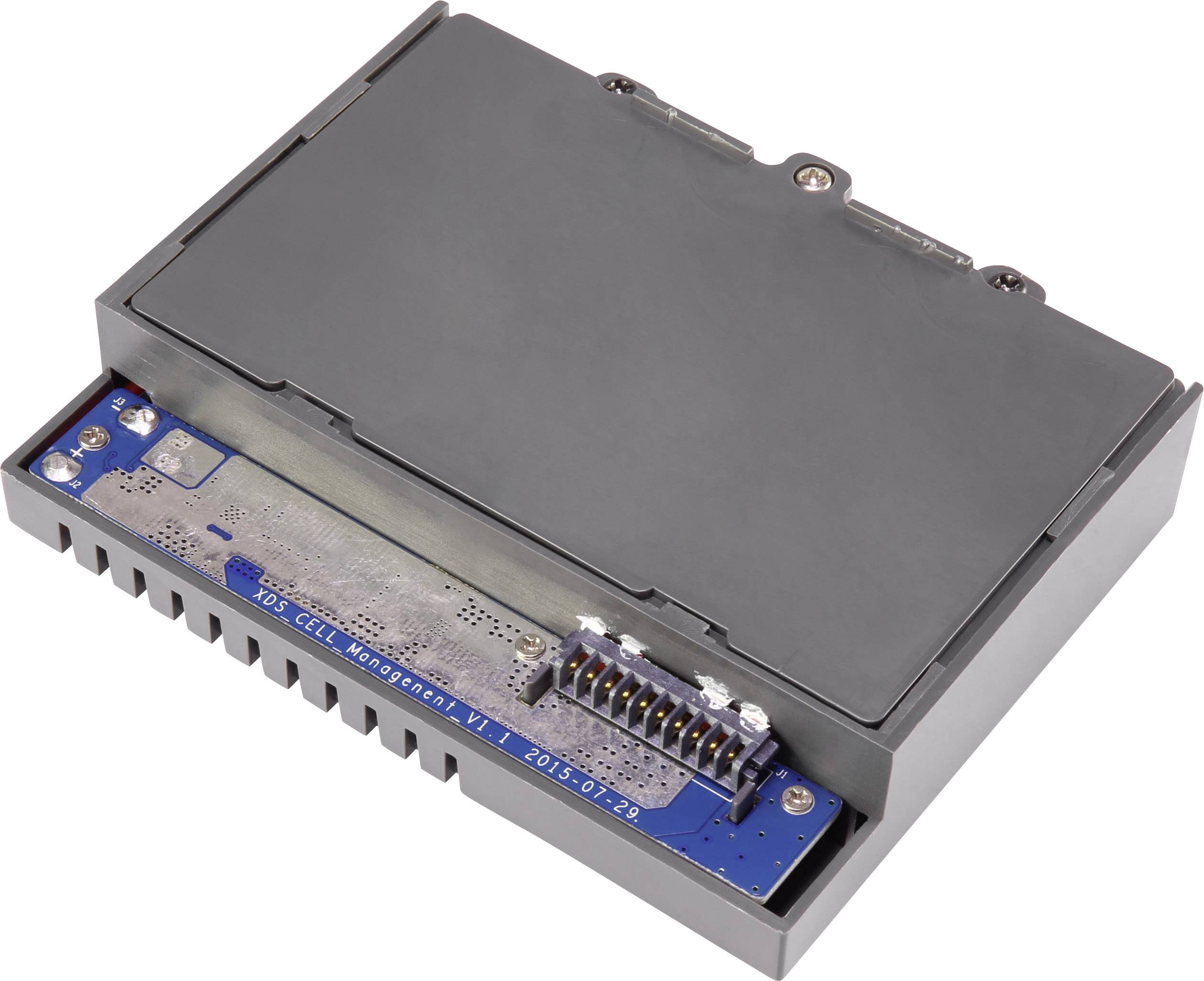 Une batterie lithium-ion dans un boîtier gris avec des bornes visibles et un circuit imprimé bleu, utilisée pour divers appareils électroniques.
