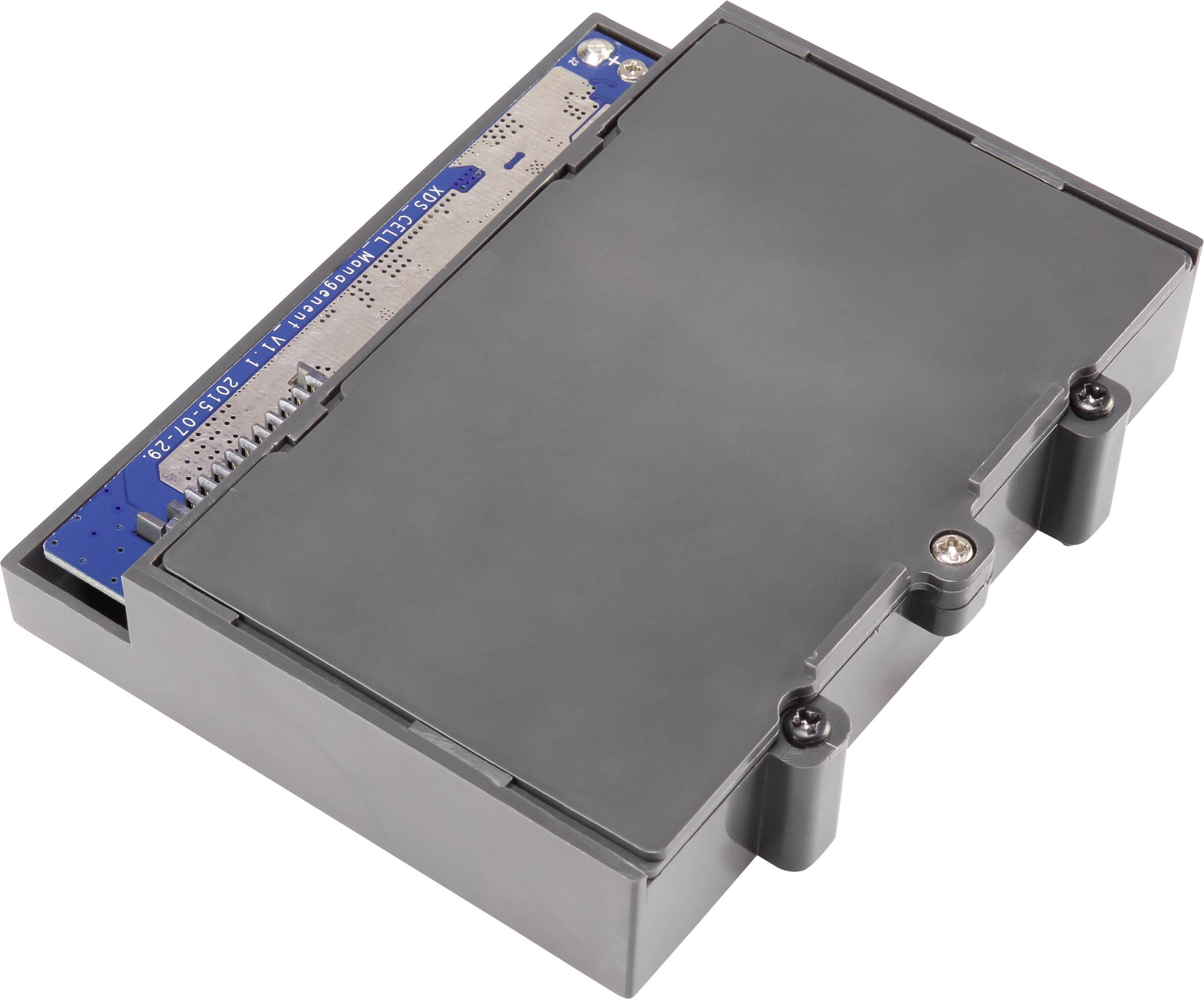 Un appareil électronique noir et rectangulaire avec un circuit imprimé bleu sur le dessus. Il dispose de connecteurs sur un côté.