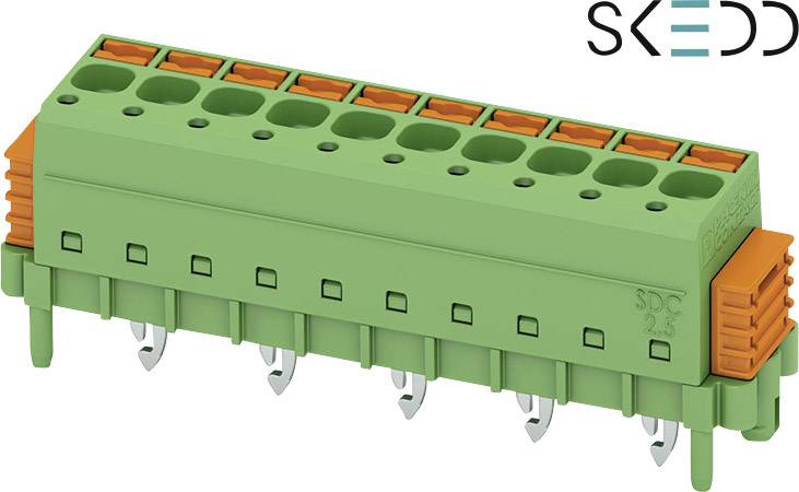 Connecteur vert à plusieurs leviers oranges et contacts métalliques, adapté pour les circuits électroniques.