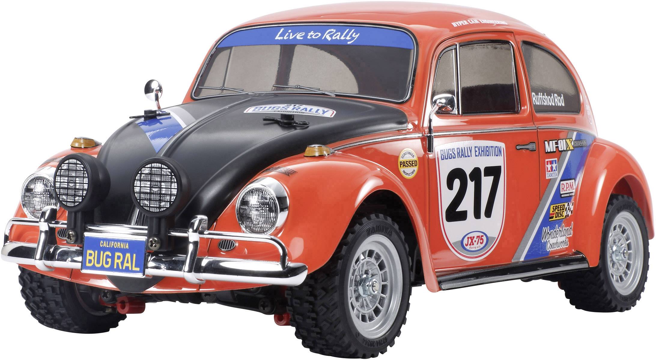 Une voiture de rallye rouge portant le numéro 217 et l'inscription 'Live to Rally', ornée de logos de sponsors. Les pneus sont robustes pour le tout-terrain.