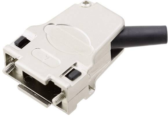 Un connecteur argenté avec un câble noir. Deux vis sur le côté servent à la fixation.