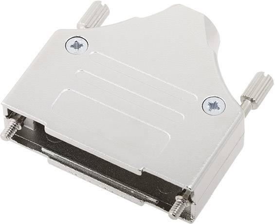 Connecteur argenté à deux vis sur un couvercle métallique, utilisé pour raccorder des appareils électroniques.