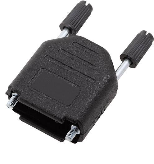Un connecteur noir en plastique avec deux raccords à vis métalliques et des poignées striées, probablement un adaptateur électrique.