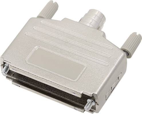 Boîtier de connecteur métallique avec deux vis de fixation et deux poignées striées.