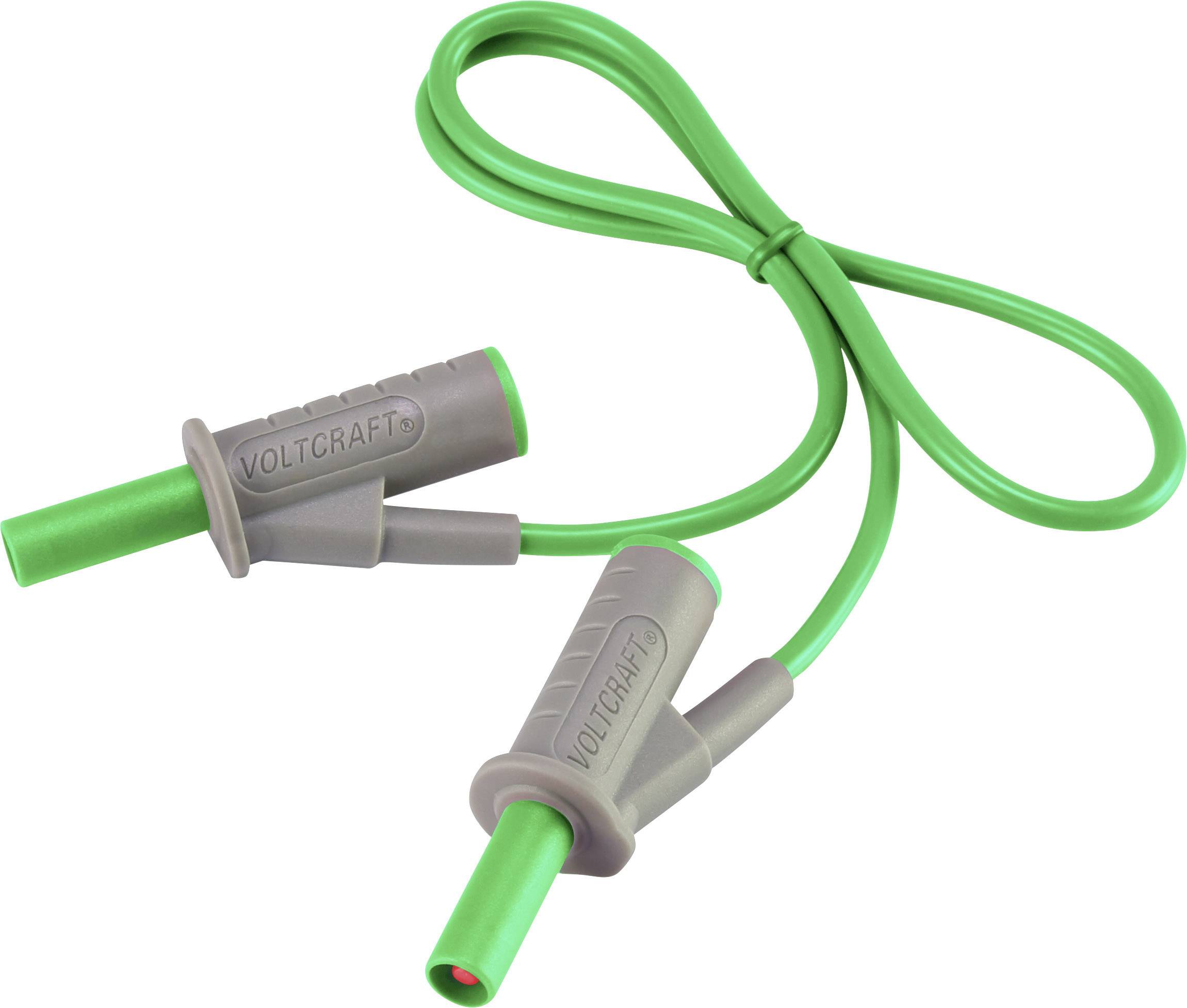 Une paire de câbles de test verts de la marque Voltcraft avec des poignées grises, adaptés aux appareils de mesure électriques.